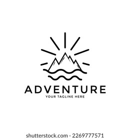 Mountain, Sea Ocean Wave and Sun for Vintage Adventure Outdoor Traveling Label Stamp logo design