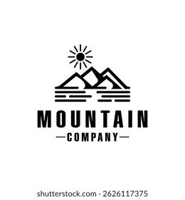 mountain sea ocean wave sun logo design vintage