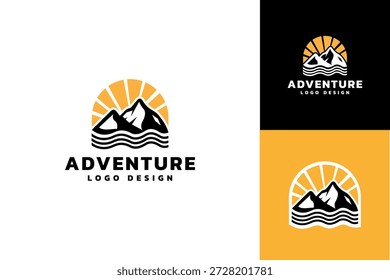 Montanha, Onda do Mar Oceano e Sol para Aventura Viajando ao Ar Livre Etiqueta Estampa logotipo design