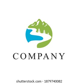 Mountain, Sea and pine evergreen for holiday Adventure Traveling logo design inspiration