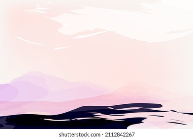 Mountain, sea, purple-pink tones sweet pastel with a beautiful natural background