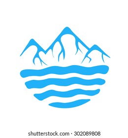 Montaña y mar o río, ilustración del logotipo del vector