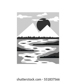Mountain and Sea With SunBlack White