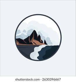 Vista de montanha e mar durante o dia sob a forma de ilustração de logotipo