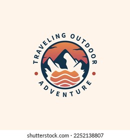 mountain, sea wave and sun vintage logo design for traveling outdoor adventure