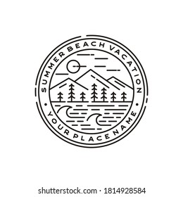 Mountain, Sea, Waves, pine tree and Sun for Hipster Adventure Travel logo design inspiration