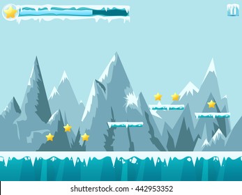 Mountain seamless background illustration for mobile app, web, game with snow and ice. Vector template with gui elements.
