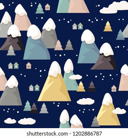 Mountain seamless pattern. Flat style cartoon Mountain with white clouds, trees, snow on the peaks. Vector illustration isolated on dark blue. Vintage background.