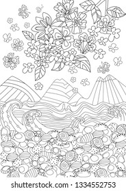 mountain seascape with branch of flowering sakura for your coloring book