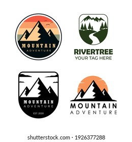 mountain set collection logo vintage vector illustration template design. river tree, adventure, travel logo