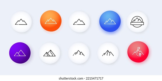 Mountain Set Icon. Alpinism, Climber, Travel, Tourism, Tour Agency, Hill, Altitude, Emblem, Symbol. Mount Concept. Neomorphism Style. Vector Line Icon For Business And Advertising