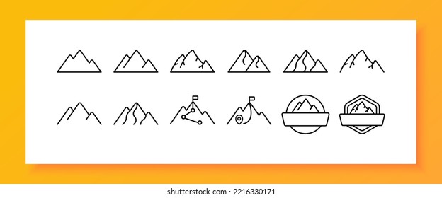 Mountain Set Icon. Alpinism, Climber, Travel, Tourism, Tour Agency, Hill, Altitude, Emblem, Symbol, Logo. Mount Concept. Vector Line Icon For Business And Advertising