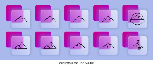 Mountain Set Icon. Alpinism, Climber, Travel, Tourism, Tour Agency, Hill, Altitude, Emblem, Symbol. Mount Concept. Glassmorphism Style. Vector Line Icon For Business And Advertising