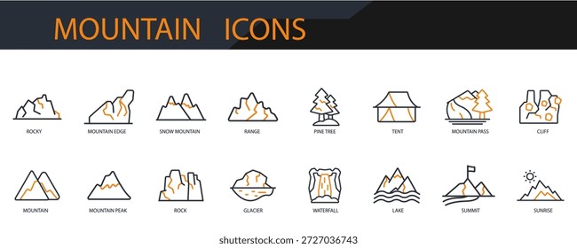 Bergset-Symbole minimalistisches Flachdesign, Bergset Vektorgrafik auf weißem Hintergrund