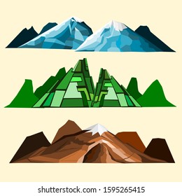 Mountain set isolated vector illustration snow ice tops,Vector illustration set of mountain icons in flat abtract contour cartoon style. 