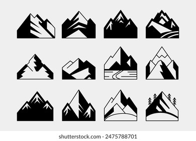 mountain set vector shapes and elements silhouette icon of mountain peaks and hiking 
