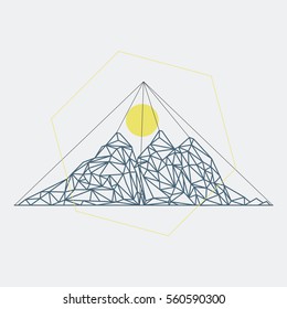 Mountain shape with low poly design. Mountains filled with triangles. Geometric simple design. White background with blue and yellow illustration.