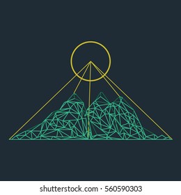 Mountain shape with low poly design. Mountains filled with triangles. Geometric simple design. Dark background with turquise and yellow illustration.