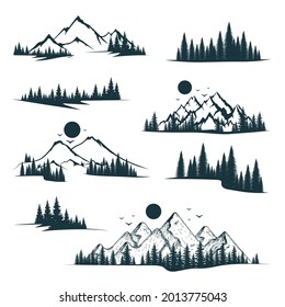 Mountain shapes and fir forest trees set. Vector isolated illustration with rocky mountains silhouettes. Landscapes and scenery.