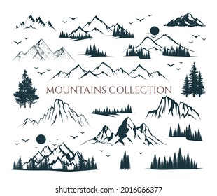Mountain shapes and fir forest trees collection. Vector isolated illustration with rocky mountains, trees silhouettes. Landscapes and scenery.