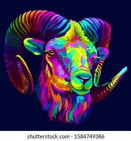 Mountain sheep. Abstract, colorful, neon portrait of a mountain sheep on a dark blue background in pop art style.