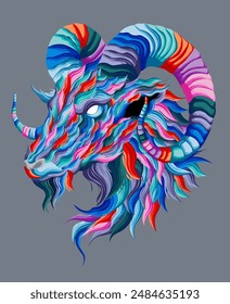 Mountain sheep. Abstract, colorful, neon portrait of a mountain sheep on a dark blue background in pop art style.