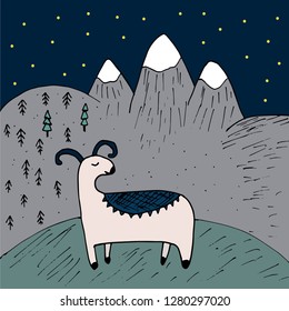 Mountain Sheep Doodle Vector Illustration, Mountains, Forest