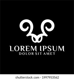 Mountain sheep head logo template with abstract sacred antler line art illustration in flat design monogram symbol