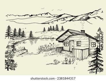 Mountain shelter in the Tatra Mountains by the lake. Artistic vector sketch