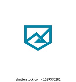 Mountain shield icon logo in blue monoline style