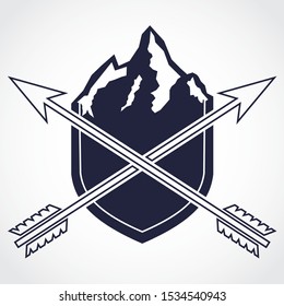 mountain shield witch arrows logo design