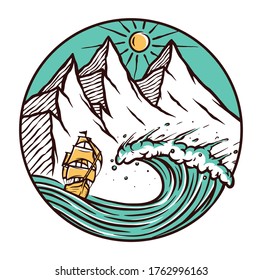 Ilustración de vectores de montaña y buques