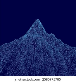 A mountain is shown in blue with a blue sky in the background. The mountain is very tall and has a very steep slope. The sky is clear and the mountain is the main focus of the image