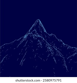 A mountain is shown in blue with a blue sky in the background. The mountain is very tall and has a very steep slope