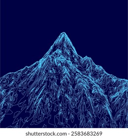 A mountain is shown in blue with a blue sky in the background. The mountain is very tall and has a snow-covered peak. The blue color of the mountain and the sky creates a serene and peaceful mood