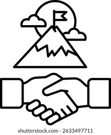 A mountain is shown with a flag on top, and two hands shaking. Concept of collaboration and teamwork, as the two hands are shaking to signify agreement and partnership
