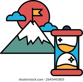 A mountain is shown with a flag on top and a clock with a sand timer. The mountain represents a goal or challenge, while the clock and sand timer represent the passage of time