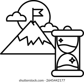 A mountain is shown with a flag on top and a clock with a sand timer. The mountain represents a goal or challenge, while the clock and sand timer represent the passage of time