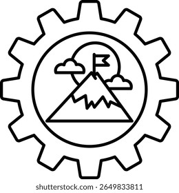 A mountain is shown with a flag on top, and the mountain is surrounded by clouds. Concept of adventure and determination, as the flag on the mountain represents a goal or a challenge to overcome
