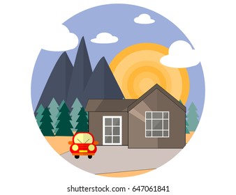 Mountain Side Summer Landscape With House, Woods an Red Car  in Flat Design. Vector Illustration.