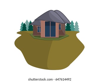  Mountain Side Summer Landscape With House and Woods  in Flat Design. Vector Illustration.