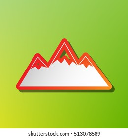 Mountain sign illustration. Contrast icon with reddish stroke on green background.
