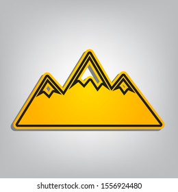 Mountain sign illustration. Flat orange icon with overlapping linear black icon with gray shadow at whitish background. Illustration.
