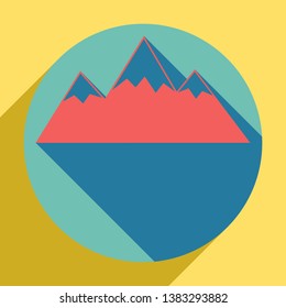 Mountain sign illustration. Sunset orange icon with llapis lazuli shadow inside medium aquamarine circle with different goldenrod shadow at royal yellow background.