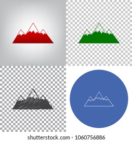 Mountain sign illustration. Vector. 4 styles. Red gradient in radial lighted background, green flat and gray scribble icons on transparent and linear one in blue circle.