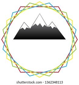 Mountain sign illustration. Vector. Black icon with patch of light inside colorful hexagonal frames at white background.