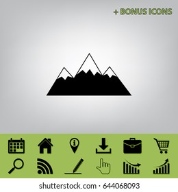 Mountain sign illustration. Vector. Black icon at gray background with bonus icons at celery ones