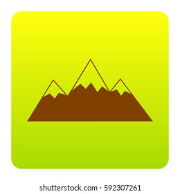 Mountain sign illustration. Vector. Brown icon at green-yellow gradient square with rounded corners on white background. Isolated.