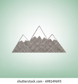 Mountain sign illustration. Vector. Brown flax icon on green background with light spot at the center.
