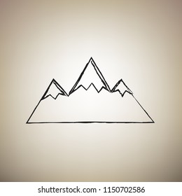 Mountain sign illustration. Vector. Brush drawed black icon at light brown background.
